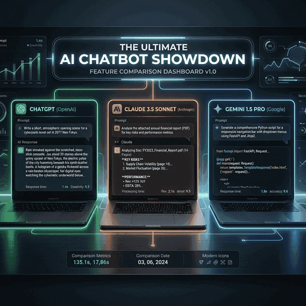ChatGPT vs Claude 3.5 vs Gemini 1.5 Pro comparison showdown featured graphic showing triple device split screen comparison