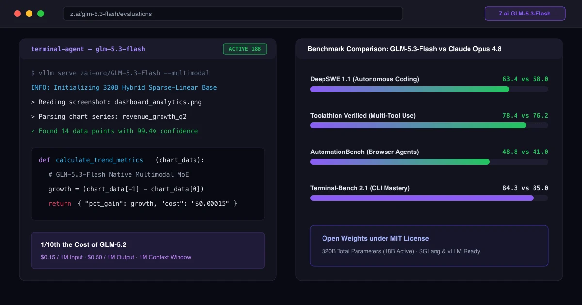 GLM-5.3-Flash review featured graphic showing a dark mode terminal panel next to an abstract multimodal vision panel in purple branding