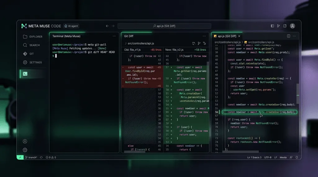 Meta Muse Code review featured graphic showing a dark terminal panel with parallel agent branches in purple branding