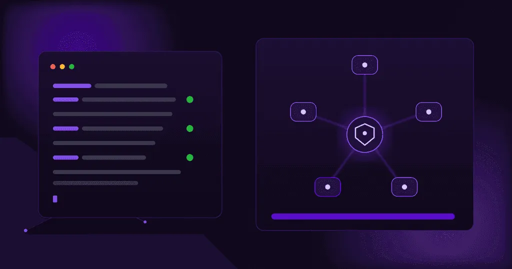 OpenClaw featured graphic showing a dark mode terminal panel with automated task checkmarks next to a hub-and-spoke diagram connecting a central AI agent node to multiple messaging channel icons, in purple branding