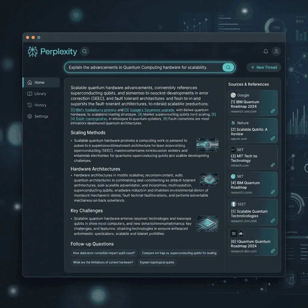 Perplexity AI search focused chatbot review featured graphic showing dark mode user interface dashboard with real-time web citations and sources