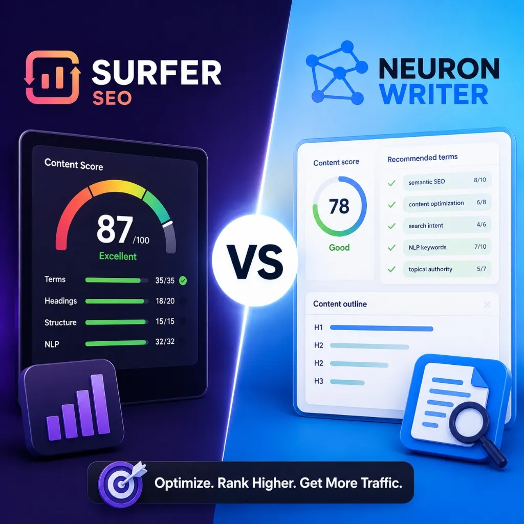 Surfer SEO vs NeuronWriter comparison graphic showing AI SEO dashboards, content score, NLP keywords and ranking optimization tools.